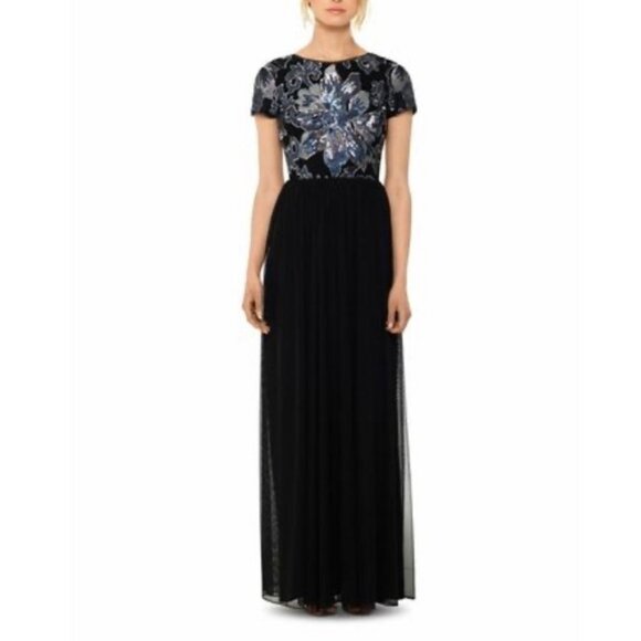 Betsy & Adam Short Sleeve Sequin Chiffon Floral Gown Black Blue Silver Size 6